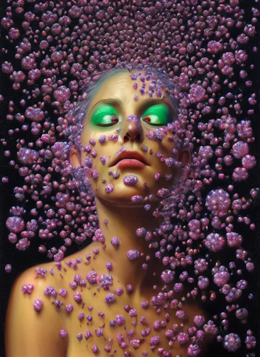 Image similar to hyper detailed 3d render like a Oil painting - Aurora (Singer) Eats of the Strangling Fruit of penance open eyes and Her Hands full of gossamer polyp blossoms bring iridescent fungal flowers whose spores black the foolish stars by Jacek Yerka, Mariusz Lewandowski, Houdini algorithmic generative render, Abstract brush strokes, Masterpiece, Edward Hopper and James Gilleard, Zdzislaw Beksinski, Mark Ryden, Wolfgang Lettl, hints of Yayoi Kasuma, octane render, 8k