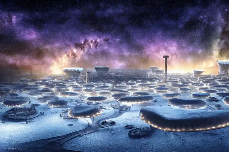 Image similar to favela twisting spaceship fungus, snowy arctic environment, industrial factory, bright, milky way, award winning art, epic dreamlike fantasy landscape, ultra realistic,