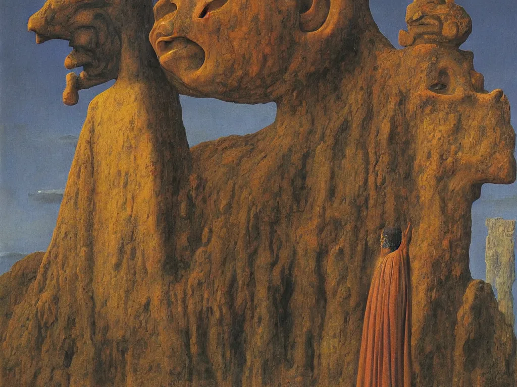 Prompt: Albino mystic with his back turned, looking in the distance at giant totemic archaic sculpture mask temple made from Lapis Lazuli. Painting by Jan van Eyck, Beksinski, Rene Magritte, Agnes Pelton, Max Ernst, Walton Ford