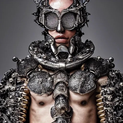 Image similar to a portrait of a beautiful young male wearing an alexander mcqueen armor made of piercings, photographed by andrew thomas huang, artistic