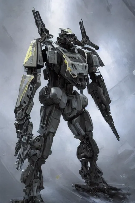 Prompt: full body shot of a mech soldier holstering its rifle, Art Station, Trending on Artstation, cgsociety, Pinterest, concept art, cinematic, 8k, hyper detailed, ultra realistic, epic, high resolution, digital art, ultra high quality, sci fi, robot, sharp, 4k UHD, realistic, intricate, art by Yi Yang artstation + StTheo + Alan Van Ryzin,