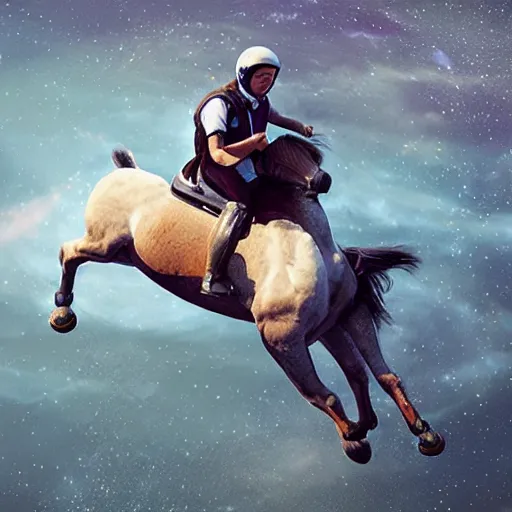 Image similar to horse riding on a cosmonaut photorealistic