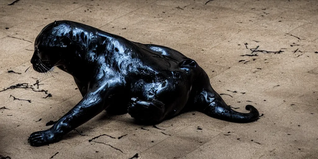 Image similar to the smooth black jaguar, made of smooth black goo, bathing in tar in the zoo exhibit, viscous, sticky, full of tar, covered with black goo. photography, dslr, reflections, black goo, zoo, exhibit