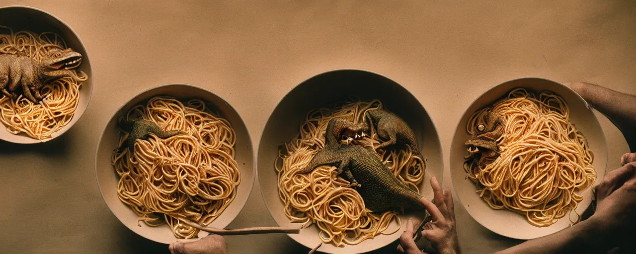 Image similar to two dinosaurs fighting to the death, inside a bowl of spaghetti, canon 5 0 mm, cinematic lighting, photography, retro, film, kodachrome