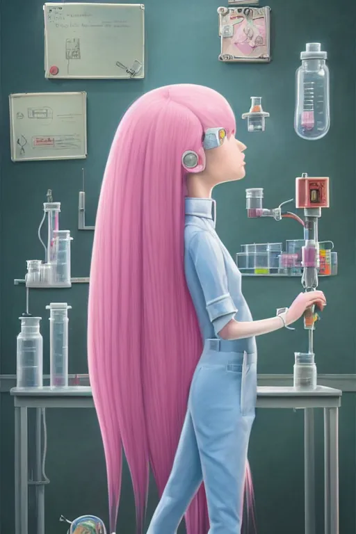 Image similar to highly detailed, industrial photography, profile view of adult princess bubblegum from adventure time, working in her science lab, wearing lab coat, long bubblegum hair, long straight bangs, confident, beautiful, attractive, illustration concept art by nicoletta ceccoli, mark ryden, lostfish, detailed and intricate environment, 8 k resolution, hyperrealistic, octane render