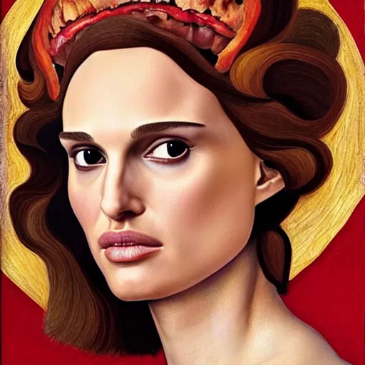 Prompt: Natalie Portman eats a baconator, portrait by Sandro Botticelli, sci-fi, amber eyes, beautiful face, appealing long hair, fantasy, Wendy's Baconator, BBQ Sauce, intricate, elegant, highly detailed, digital painting, artstation, concept art, smooth, sharp focus, oil painted illustration by Sandro Botticelli