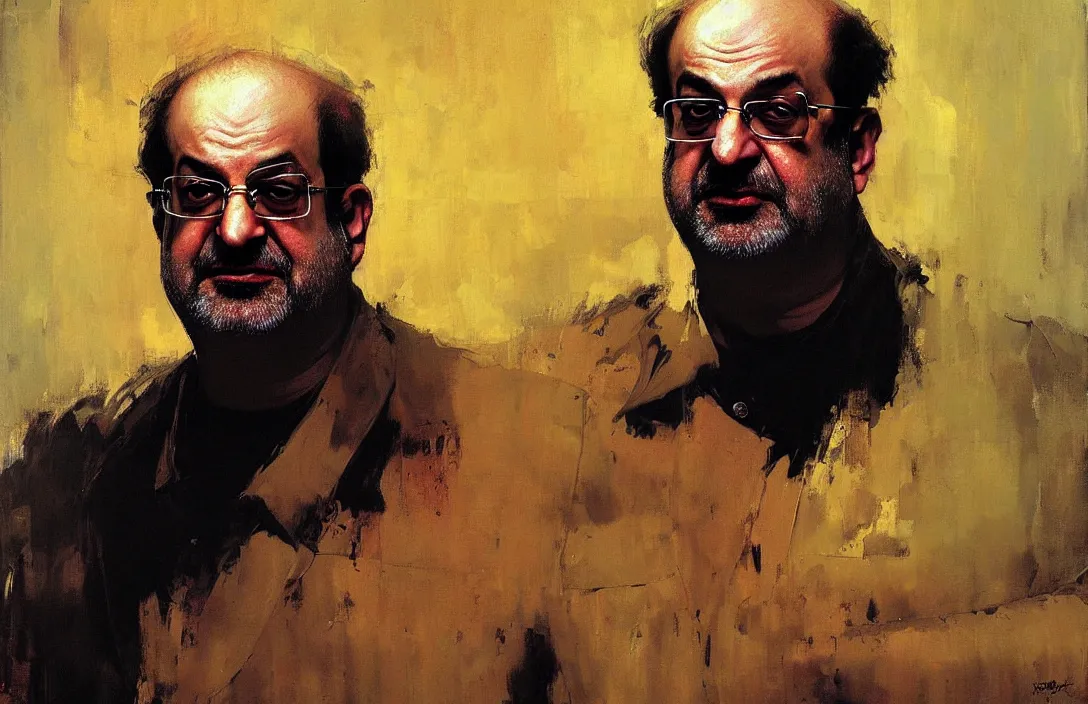 Image similar to portrait of salman rushdie!!!!!!!!!!!!!!!!!!!!!!!!!!!, detailed face, detailed painting, epic lighting, by ilya repin, phil hale and kent williams