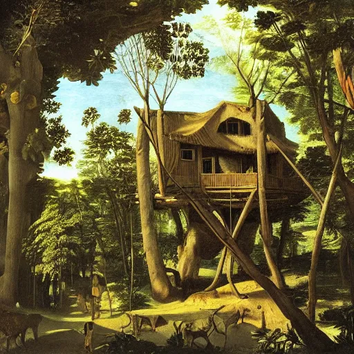 Image similar to beautiful rustic treehouse, lush trees, by caravaggio