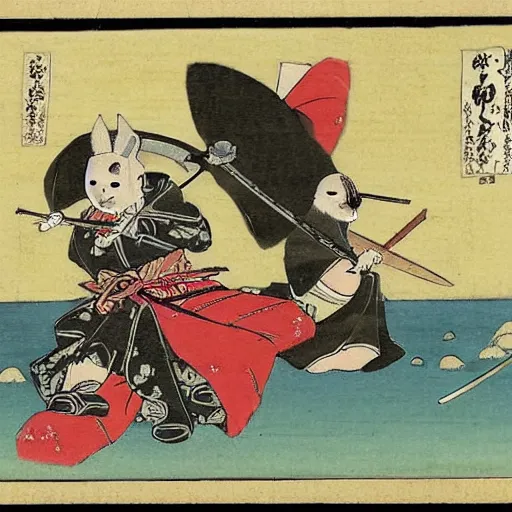 Image similar to two baby harp seal dressed as samurai, defeating a Japanese dragon, 19th century Japan, anime style