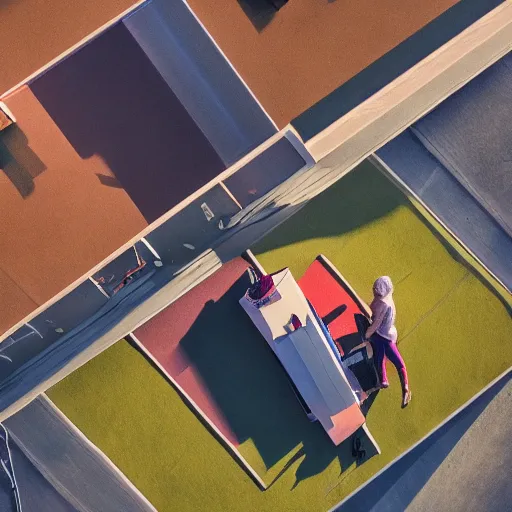 Prompt: a couple in the morning having hard time before the first coffee, in the style of jeff koontz, drone view, artistic, 8 k, colourful, scifi 2 0 8 6