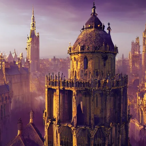 Prompt: desktop wallpaper of a gothic, monumental, medieval city during carnival with very tall, soaring watchtowers made of melting gold, golden hour, elegant and extremely ornamental, game by Hidetaka Miyazaki, HDR, raytracing, intricately detailed, octane render, gloomy earthy colors, what a masterpiece