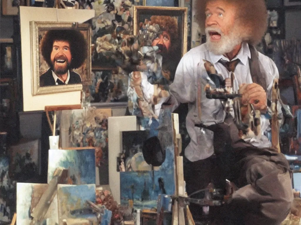 Image similar to bob ross is sad and yelling at a painting by bob ross