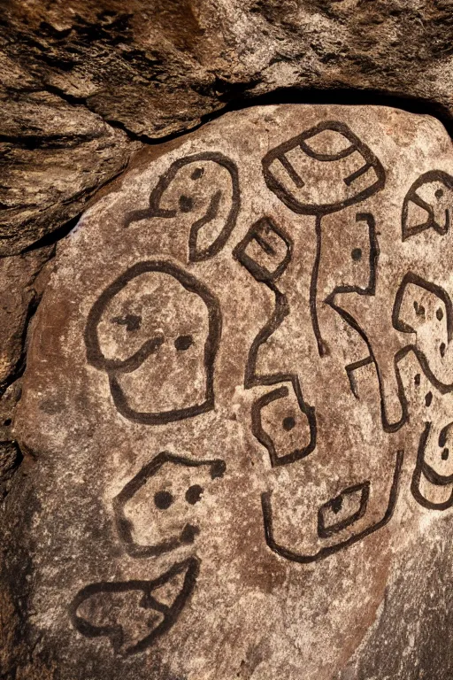 Image similar to 4 k photography of petroglyphs representing crosses, ufo, yin yang symbol on a cave