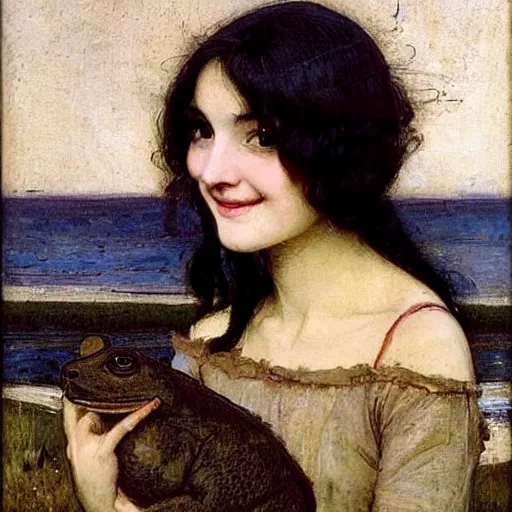 Prompt: black haired young woman holding a toad and smiling, john william waterhouse, soft lighting, romantic, love