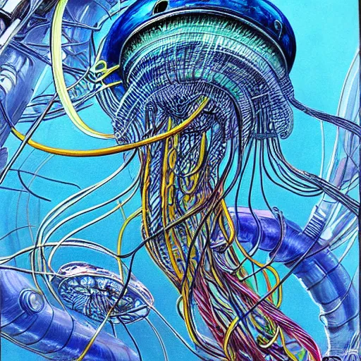 Image similar to a hyper detailed painting of a cyberpunk jellyfish, cables everywhere, blue tones, underwater, futuristic hi-tech details, art by jean giraud