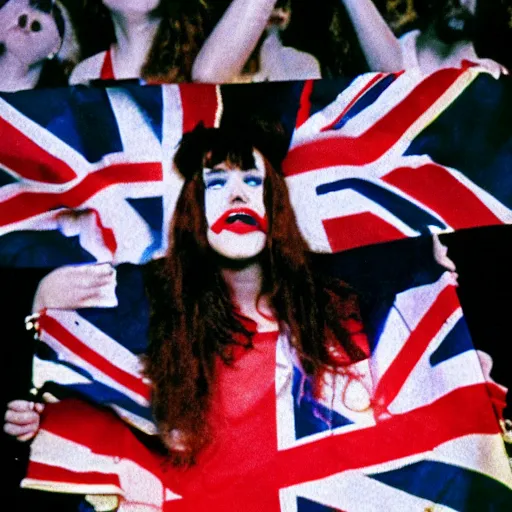 Image similar to 1 9 - year - old girl in a traditional doom metal band, new wave of british heavy metal, live in concert, live 1 9 8 6, united kingdom flags, union jack, playing electric guitar, headbanging crowd of longhairs, audience of longhairs, super 8 mm, grainy photo, colorized