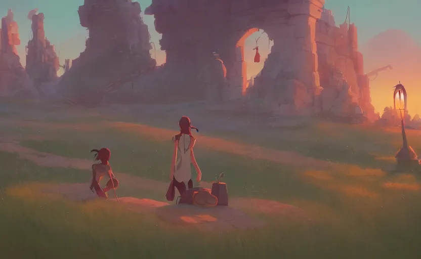 Image similar to fantasy field with the remains of ancient temples, cory loftis, james gilleard, atey ghailan, makoto shinkai, goro fujita, studio ghibli, rim light, exquisite lighting, clear focus, very coherent, plain background, soft painting