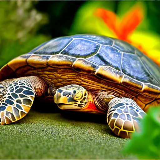 Image similar to a picture of a turtle in love with a flower, vivid colours, depth of field, 50mm