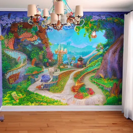 Prompt: a mural wall art design of a storybook fantasyland