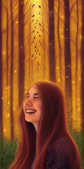 Image similar to infp young woman, smiling, amazed by golden fireflies lights, sitting in the midst of nature fully covered, long loose red hair, intricate linework, green eyes, small nose with freckles, oval shape face, realistic, expressive emotions, dramatic lights mystical scene, hyper realistic ultrafine art by michael cheval, jessica rossier, artgerm