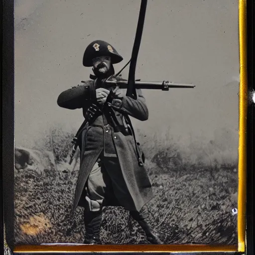 Prompt: Man aiming a musket, wearing World War 1 Stahlhelm, postapocalyptic, old polaroid photo