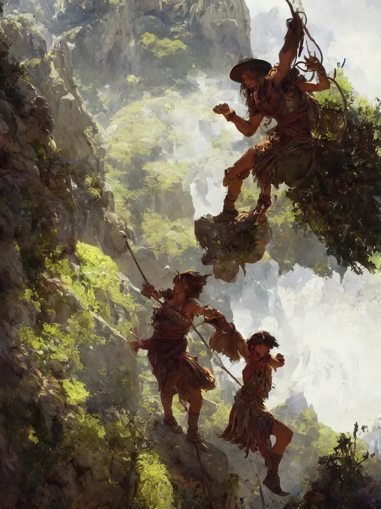 Prompt: oil art close - up of young roma mage adventurer climbing down a cliffside in style of disco elysium character, gipsy jester character design from ravenloft, art by anders zorn, wonderful masterpiece by greg rutkowski, beautiful cinematic light, american romanticism by greg manchess, jessica rossier