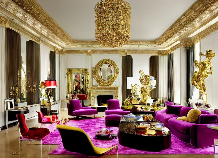 Image similar to luxury living room designed by jeff koons, interior design magazine photography