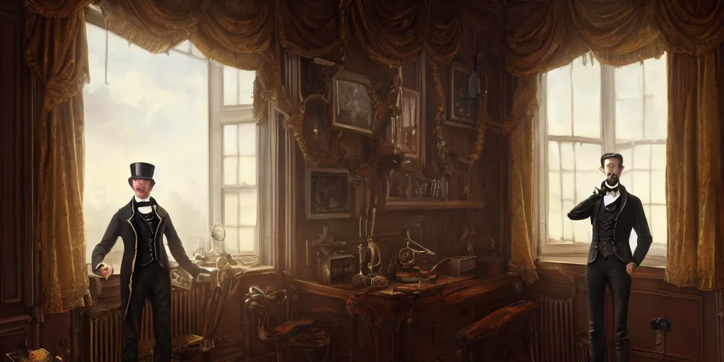 Image similar to highly detailed portrait painting of victorian gentleman, steampunk, room mono window, by eddie mendoza and tyler edlin, 8 k resolution