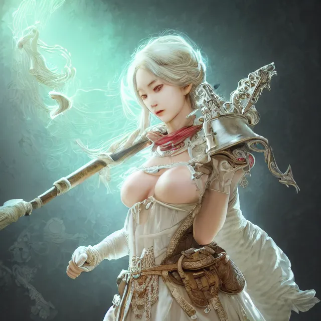 Image similar to studio portrait of neutral good colorful female cleric bard healer as absurdly beautiful, elegant, young skinny gravure idol, ultrafine hyperrealistic detailed face illustration by kim jung gi, irakli nadar, intricate linework, sharp focus, bright colors, matte, octopath traveler, final fantasy, unreal engine highly rendered, global illumination, radiant light, intricate environment