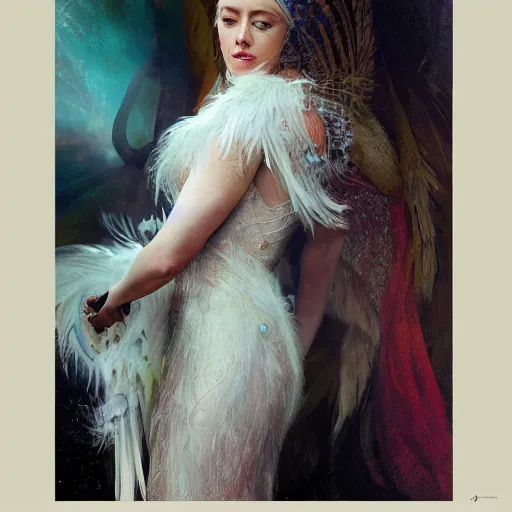 Image similar to hyperrealistic portrait of a woman as amber heard as a saint oracle wearing white swan dress long feathers and sapphire jewellery by jeremy mann and alphonse mucha, fantasy art, photo realistic, dynamic lighting, artstation, poster, volumetric lighting, very detailed faces, 4 k, award winning