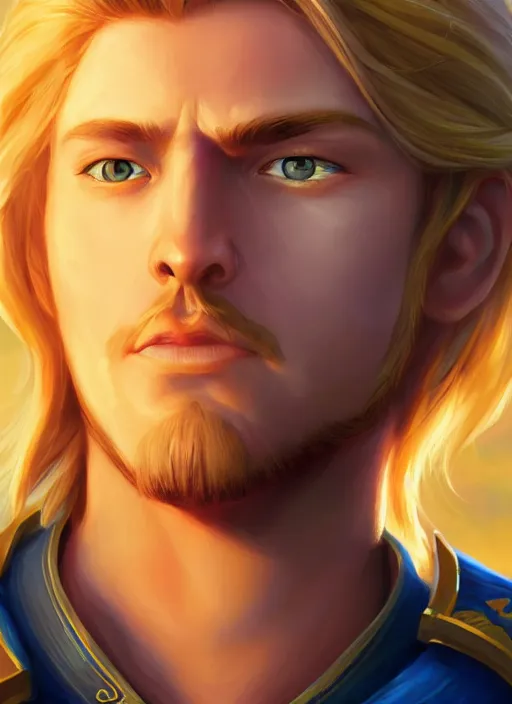 Image similar to portrait of anduin wrynn from wow, in julie shuploc damgaard style, artstation, very beautiful detailed symmetrical face, blonde hair, bright colors, diffuse light, fantasy illustration