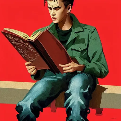 Prompt: a highly detailed epic cinematic concept art CG render digital painting artwork costume design: young James Dean as a well-kept neat anarchist rebel in 1950s USSR green dungarees and big boots, reading a book. By Greg Rutkowski, Ilya Kuvshinov, WLOP, Stanley Artgerm Lau, Ruan Jia and Fenghua Zhong, trending on ArtStation, subtle muted cinematic colors, made in Maya, Blender and Photoshop, octane render, excellent composition, cinematic atmosphere, dynamic dramatic cinematic lighting, aesthetic, very inspirational, arthouse