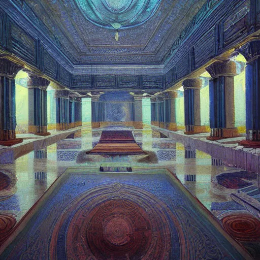 Prompt: a painting of a throne room , a raytraced image by Mikalojus Konstantinas Čiurlionis, polycount, metaphysical painting, hall of mirrors, egyptian art, concept art