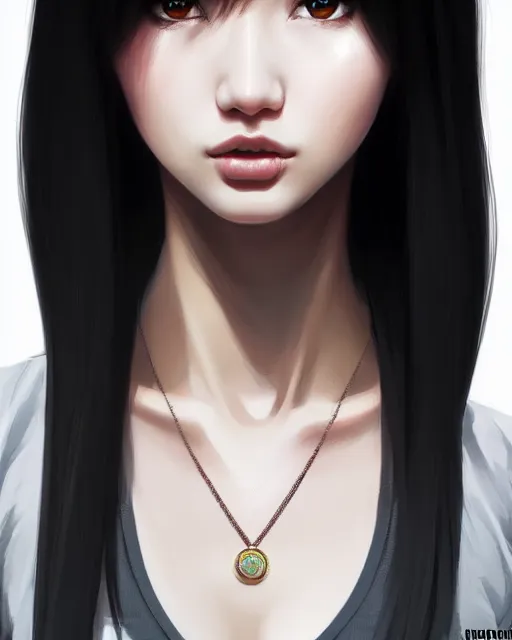 Image similar to full 1 2 0 mm necklace portrait of a beautiful slender kazakh girl, in tshirt, furious, by saruei and guweiz and ilya kuvshinov and rockwell and warhol digital art, ultra clear and sharp focus, trending on artstation hq, deviantart, pinterest, unreal engine 5, 4 k uhd image