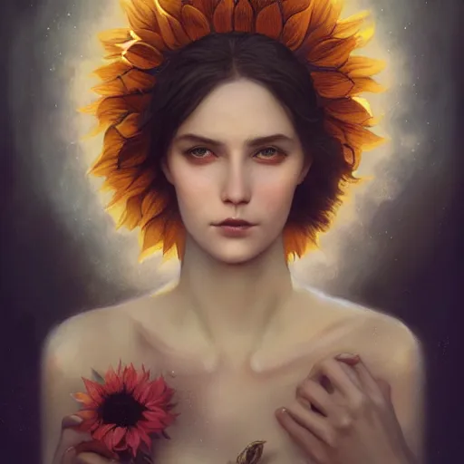 Image similar to sunflower goddess of summer character portrait, in the style of charlie bowater, tom bagshaw, and waterhouse, lean face, cinematic lighting, beautiful, elegant, oil painting, cinematic, portrait, raphaelite, headroom, headshot photograph