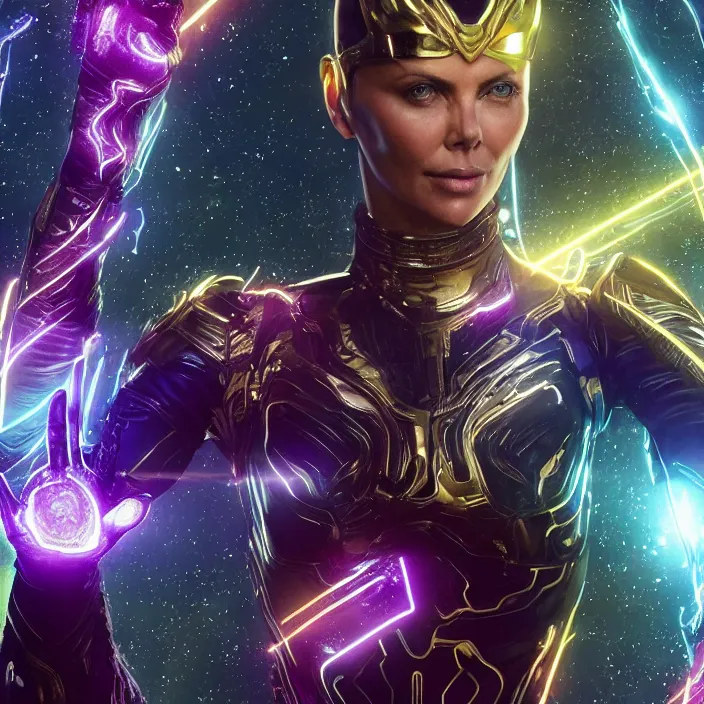 Image similar to ((The Infinity Gauntlet)), Charlize Theron, intricate artwork. octane render, trending on artstation, very coherent symmetrical artwork. thanos. cinematic, hyper realism, high detail, octane render, 8k, iridescent accents