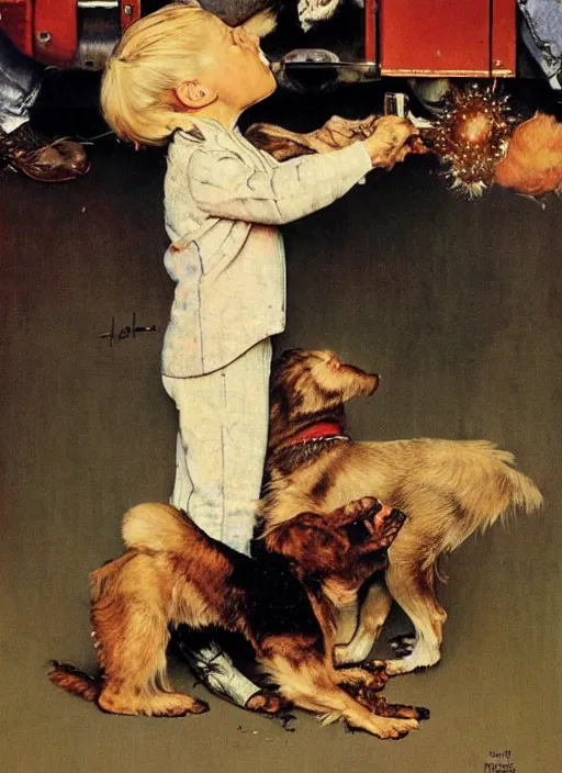 Image similar to a norman rockwell painting of an exploding dog