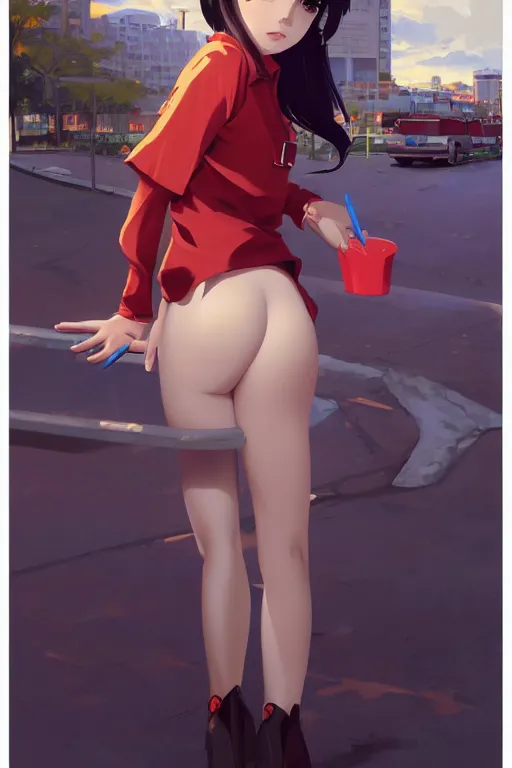 Image similar to a mcdonald's employee, girl, full shot, intriguing outfit, fine - face, realistic shaded perfect body, fine details. night setting. very anime style. realistic shaded lighting poster by ilya kuvshinov katsuhiro, magali villeneuve, artgerm, jeremy lipkin and michael garmash, rob rey and kentaro miura style, trending on art station