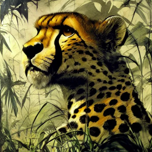 Image similar to cheetah in the jungle by dave mckean and yoji shinkawa, oil on canvas