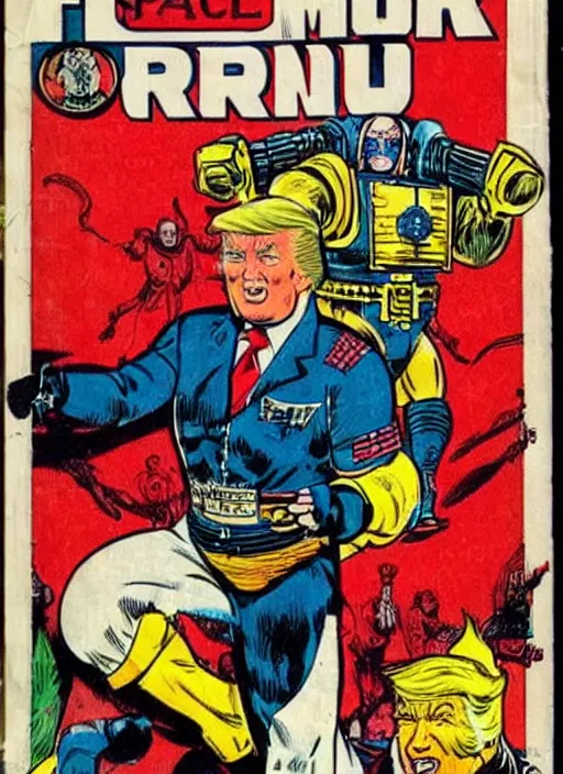 Prompt: vintage comic book cover of donald trump as a space marine from warhammer 4 k