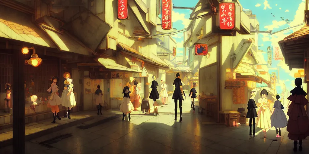 Image similar to baroque oil painting of key visual environment concept art of anime maid cafe in modern japan, brutalist, dark fantasy, rule of thirds golden ratio, fake detail, trending pixiv fanbox, acrylic palette knife, style of makoto shinkai studio ghibli genshin impact jamie wyeth james gilleard greg rutkowski chiho aoshima