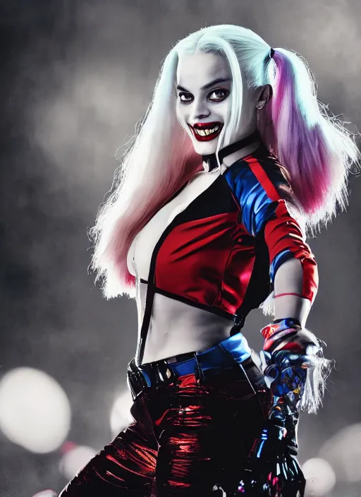 Prompt: photo of seductive beautiful suicide squad happy margot robbie with long white hair that looks like harley quinn standing on the wet street of gotham city, pinup model, glamour fashion pose, cinematic, volumetric lighting octane, studio lighting, global illumination, arney freytag,
