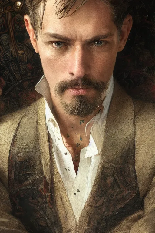 Prompt: close up portrait painting of distingushed gentleman in his den, ultra realistic, concept art, intricate details, serious, highly detailed, photorealistic, octane render, 8 k, unreal engine. art by artgerm and greg rutkowski and alphonse mucha