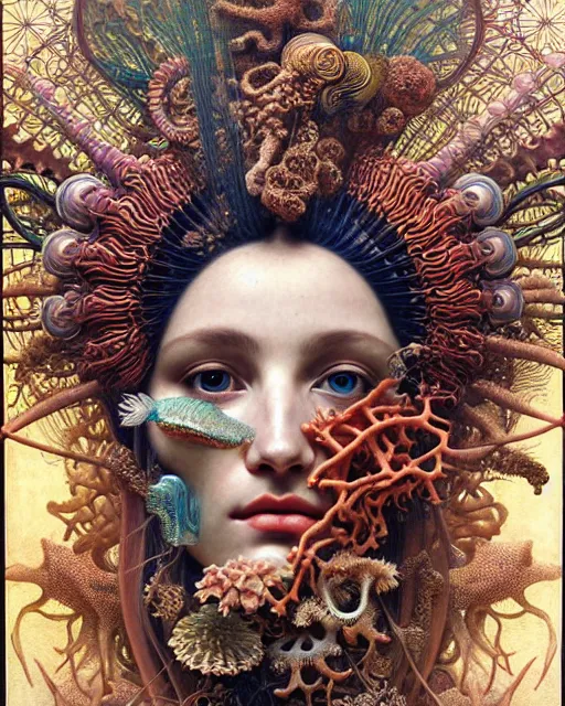 Image similar to hyperrealistic detailed face side portrait of the beautiful goddess of the fish skeletons with an intricate headgear of corals, sea kelp, sea plants, fish, starfish, jellyfish, art by ernst haeckel, john william godward, android jones, alphonso mucha, h. r. giger, gothic - cyberpunk, ornamental, beautiful deep colours,