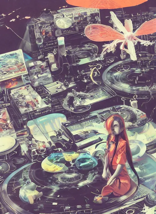 Image similar to surreal gouache painting, by yoshitaka amano, by ruan jia, by Conrad roset, by good smile company, detailed anime 3d render of a chemical flying Vinyl records close to the DJ Mixer, deck surrounded by chemical Dragonflies, Vinyl records, controller, portrait, cgsociety, artstation, rococo mechanical and Digital and electronic, dieselpunk atmosphere