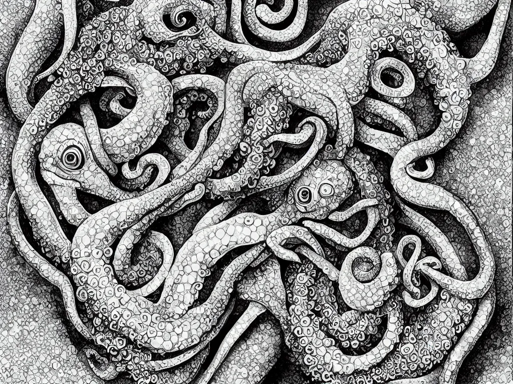 Image similar to chameleon and octopus, high detail, highly abstract, digital art, a bit vivid colors, a little bit touch of M. C. Escher