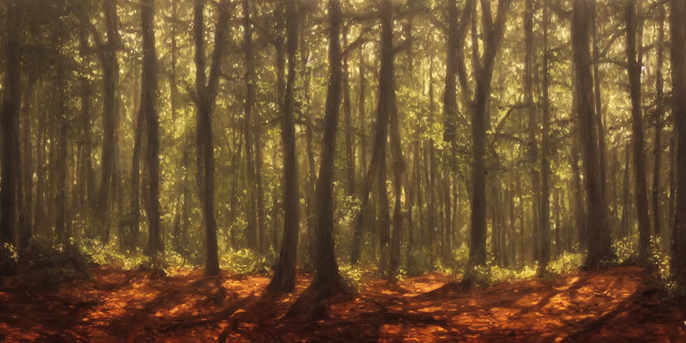 Image similar to The woods, cinematic lighting, detailed oil painting, hyperrealistic, 8k