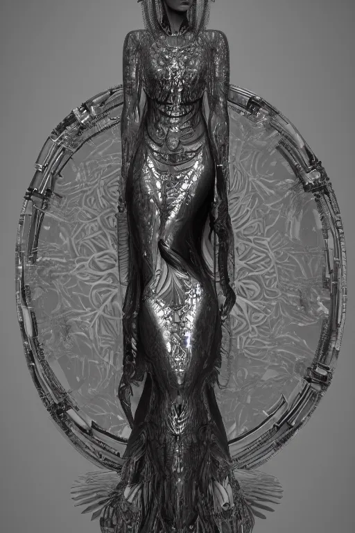 Image similar to a realistic moody photo of a beautiful ancient alien woman goddess kate moss durga standing in iris van herpen dress jewelery and fractals in style of alphonse mucha art nuvo dmt trending on artstation made in unreal engine 4