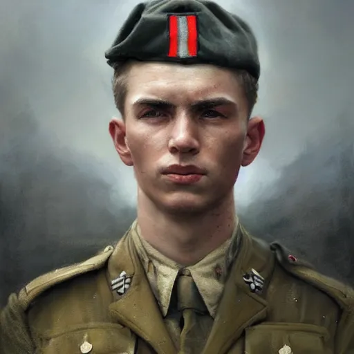 Prompt: a dramatic epic ethereal portrait of a WWII soldier, young male, detailed face, cinematic lighting, highly detailed oil on canvas painting by Greg Rutkowski, winning-award digital art trending on Artstation H 1024 W 832