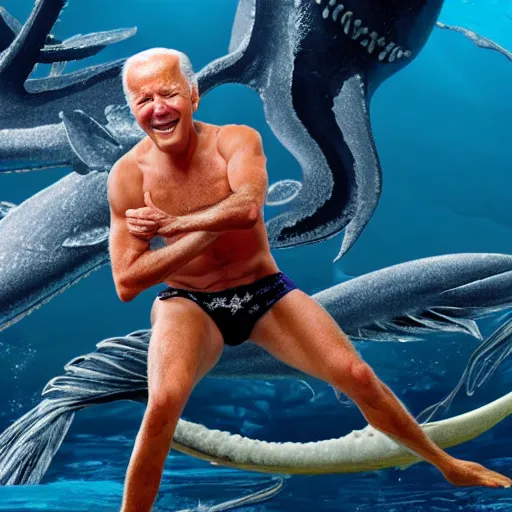 Image similar to photograph of joe biden wearing a bikini and battling a giant squid in the deep sea, realistic, 4 k,